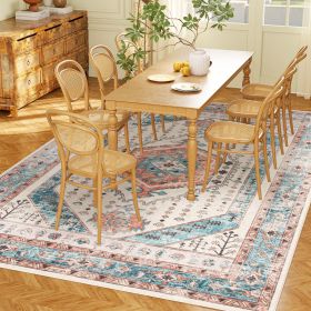 HOMCOM 8x10 Area Rug, Vintage Machine Washable Rug, Non-Slip Floor Carpet for Living Room, Bedroom, Dining Room, Brown and Blue